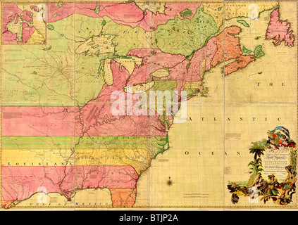 1855 Mappa del britannico e francese domini in Nord America, che mostra la misura dei diversi insediamenti coloniali all inizio della guerra di indiano e francese (1756-63). Foto Stock