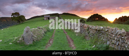Tramonto al Colle del vento Età del Ferro hill fort, (Countisbury Hill) vicino a Lynmouth, Parco Nazionale di Exmoor, North Devon, Inghilterra, Regno Unito Foto Stock