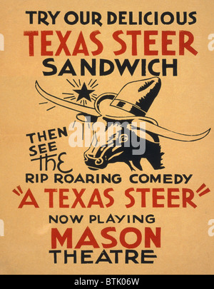 Teatro. Provate la deliziosa Texas steer sandwich, quindi vedere il rip scoppiettante commedia "un Texas steer'. Poster per la presentazione di un " Foto Stock