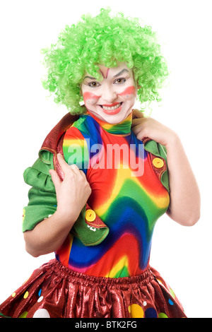 Ritratto di Allegro clown femmina. Isolato su bianco Foto Stock