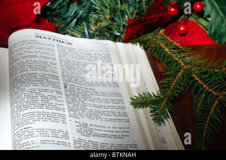 La Bibbia aperta al racconto di natale in Matteo con poinsettias e sempreverdi Foto Stock
