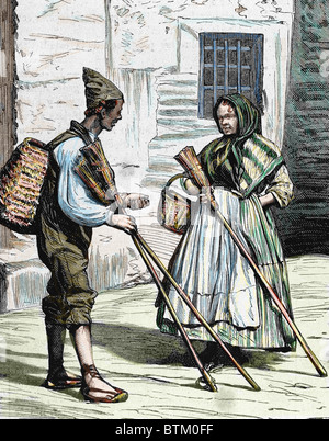 I tipi più diffusi. I venditori di scope. Valencia. Spagna. Incisione colorata in "l'Spagnolo e illustrazione americana" (1872). Foto Stock