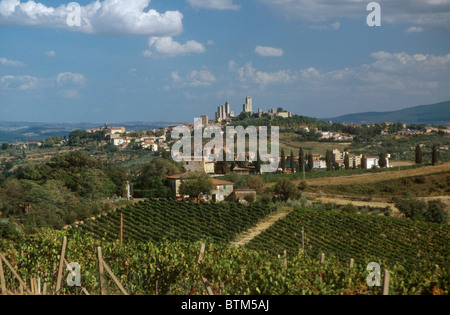 Colline Toscane vicino a San Gimignano Italia che mostra i campi coltivati ovunque Foto Stock