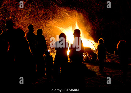 Guardare la gente di un falò su Guy Fawkes notte Foto Stock