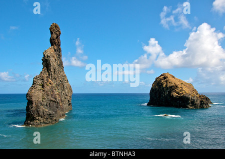 Due affioramenti di roccia Ribeira da Janela costa nord vicino a Porto Moniz Madeira Portogallo Foto Stock