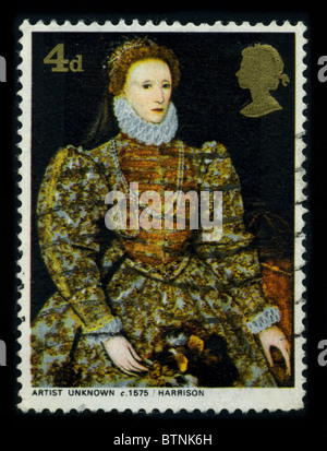 Regno Unito-circa 1980: un timbro dell'dedicata alla Elizabeth I (7 settembre 1533 - 24 Marzo 1603) era regnant regina dell'Inghilterra e Queen regnant dell'Irlanda dal 17 Novembre 1558 fino alla sua morte, circa 1980. Foto Stock