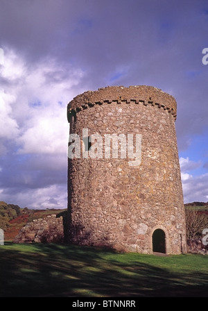 Orchardton torre difensiva una casa rotonda o pele (scorza) torre costruita intorno al 1460 da John Cairns, Dumfries & Galloway, Scozia Foto Stock