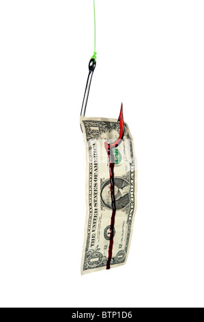 Una sanguinosa amo da pesca snagged un dollaro isolato su bianco Foto Stock