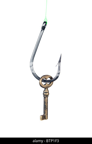 Acciaio inossidabile amo da pesca snagged una chiave dello scheletro isolati su bianco Foto Stock