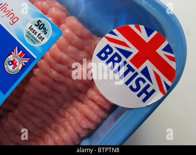 La salute di mangiare carne di maiale tritate con la British logo & il piccolo trattore rosso segno simbolo dall'assicurato cibo standard Association Foto Stock