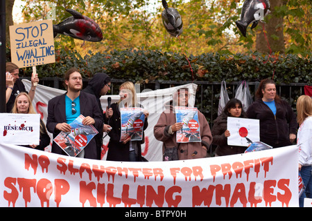 Manifestanti durante un anti-caccia alla balena protesta al di fuori dell'Ambasciata giapponese Foto Stock