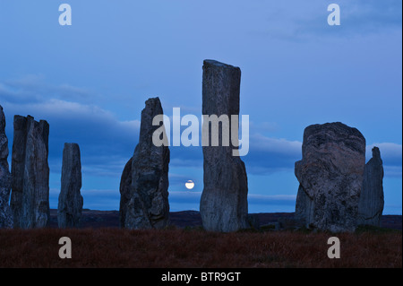 In autunno la luna piena sorge alle spalle di Callanish standing pietra, isola di Lewis, Ebridi Esterne, Scozia Foto Stock