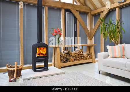 Una Jotul stufa a legna in una quercia contemporaneo edificio incorniciate Foto Stock