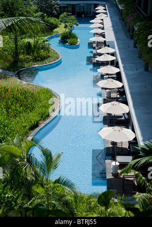 Vista aerea della laguna camere accesso nella motivazione del Melia Hotel di Bali Nusa Dua Bali Indonesia Foto Stock