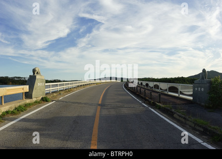 Road 219 attraversando il fiume Nakama ponte con due statue in pietra del Iriomote Wildcat Foto Stock