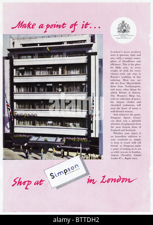 Pagina piena annuncio nella rivista inglese circa nel 1960 per Simpson department store di Piccadilly Londra dal Royal appuntamento Foto Stock