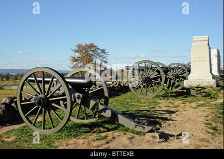 L'angolo sito dove i soldati dell'Unione respinto il 12000 uomo Pickett's carica - Parco Militare Nazionale di Gettysburg in Pennsylvania USA Foto Stock