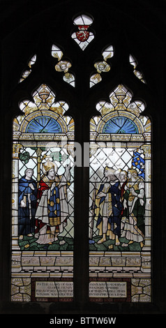 Una vetrata raffigurante San Aldhelm predicazione, la Chiesa Parrocchiale di San Aldhelm, Bishopstrow, Wiltshire, Inghilterra Foto Stock