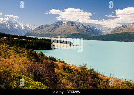 Lago Pukaki,litorale,Mount Cook,Aoraki/Mt Cook gamma,Mt Cook National Park Mackenzie County,Isola del Sud,Nuova Zelanda Foto Stock