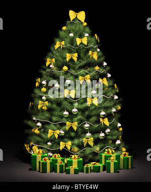 Natale abete decorato con archi dorati e sfere sopra il nero 3D render Foto Stock