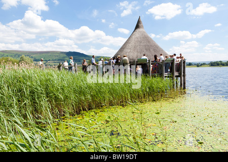 Il ricostruito crannog sul lago Llangorse, SE di Brecon (Aberhonddu), POWYS, GALLES Foto Stock