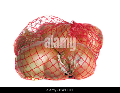 Borsa di materie di cipolle dorate in rosso net isolato su uno sfondo bianco. Le cipolle sono ricchi di fibre. Foto Stock