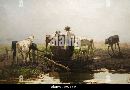 Pittura olandese Willem Maris i vitelli in trogolo 1863 Foto Stock