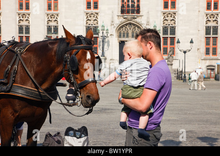 Markt, Bruges, Fiandre Orientali, Belgio, Europa. Azienda Turistica un bambino guardando un cavallo nella storica piazza. Foto Stock