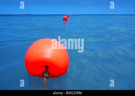 Red boa galleggiante di riga blu del mare con la fune closeup prospettiva Foto Stock