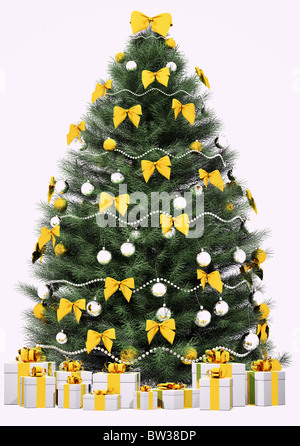 Natale abete decorato con archetti dorate e le sfere sul bianco 3D render Foto Stock
