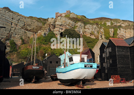 Il vecchio quartiere di pesca del Stade Hastings East Sussex Regno Unito città costiera Foto Stock