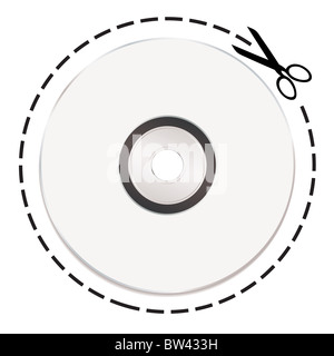 Bianco cd musicali con linee tratteggiate e forbici Foto Stock