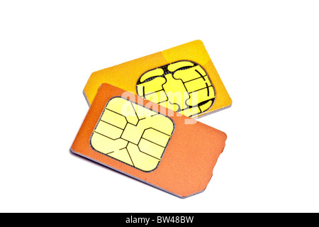 Le schede SIM per telefono cellulare isolato su sfondo bianco Foto Stock