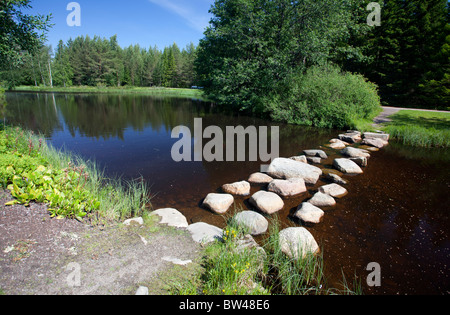 Pietre miliari su un piccolo laghetto in giardino , Finlandia Foto Stock