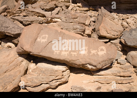 Antica arte rupestre mostra rappresentazioni dell uomo la caccia di animali del deserto orientale dell'Egitto. Foto Stock