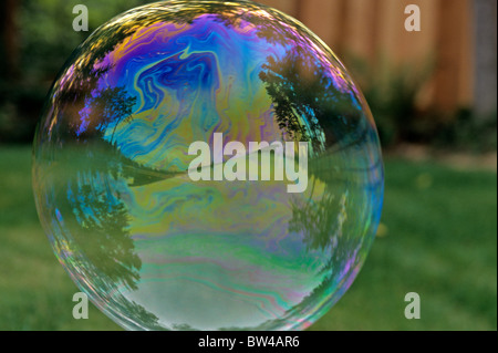 Grande bolla galleggianti in aria con alberi e riflessi colorati Foto Stock