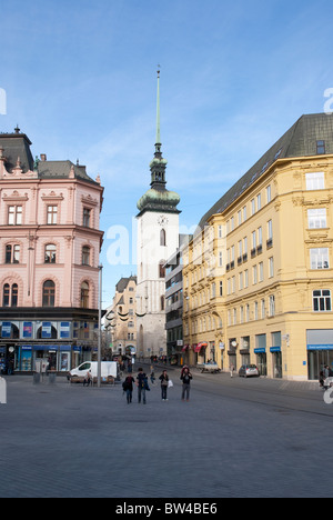 Campanile di una chiesa in Namesti Svobody, Brno Foto Stock