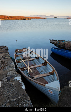 Barca da pesca legato accanto Glenicmurrin Lough, Connemara, nella contea di Galway, Connaught, Irlanda. Foto Stock