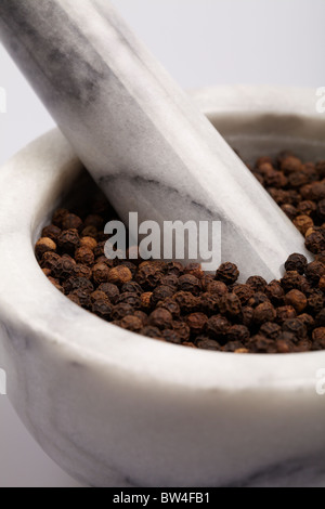 Grigio e bianco il pestello e mortaio riempita con nero caldo speziato di pepe Foto Stock