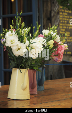 Brocche di fiori sul display al di fuori di un ristorante a Dinan, Côtes-d'Armor, Brittany, Francia. Foto Stock