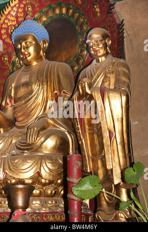 Un Buddha d'oro, il Tempio Shaolin, luogo di nascita del Kung Fu, Song Shan, vicino a Zhengzhou, nella provincia di Henan, Dengfeng, Cina Foto Stock