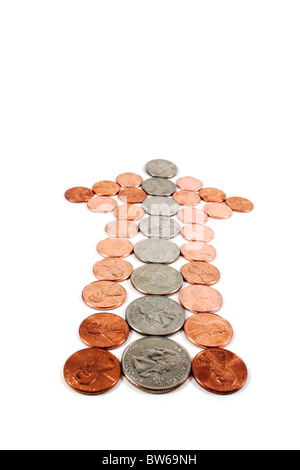 Freccia fatta di USD valuta monete. Consiste di spiccioli e quarti. messa a fuoco selettiva Foto Stock