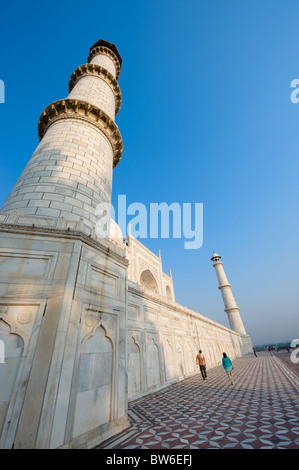 Grandangolo, angolo basso, Taj Mahal, torri, cielo blu Foto Stock