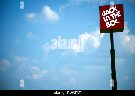 Jack in the Box segno contro un cielo blu Foto Stock