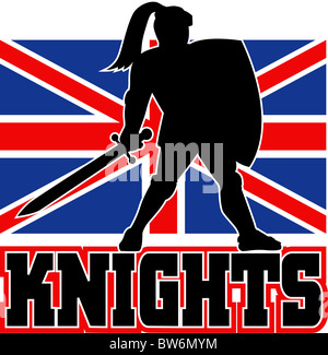 Illustrazione di un Cavaliere silhouette con spada e scudo rivolto verso il lato con GB Gran Bretagna British union jack flag sfondo Foto Stock