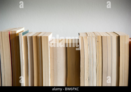 Una fila di libri si siede su una tavola di legno con lo spazio vuoto dietro Foto Stock