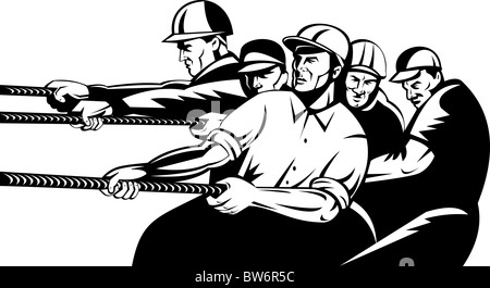 Illustrazione della squadra di lavoratori tirando la corda isolato su sfondo bianco in bianco e nero la xilografia e uno stile rétro Foto Stock