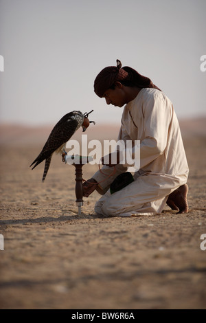 Un Emirati falconer si prepara a volare il suo raptor durante una riunione di falconeria in Dubai, UAE. Foto Stock
