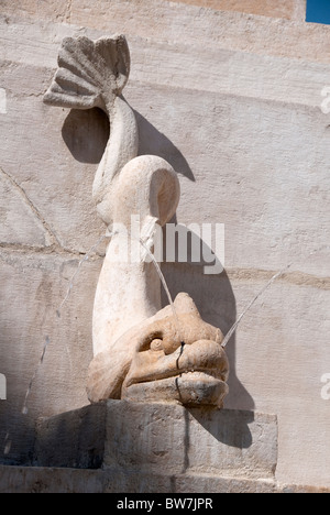 Pesce pietra fontana nella piazza Federico II, Jesi, Le Marche, Italia Foto Stock