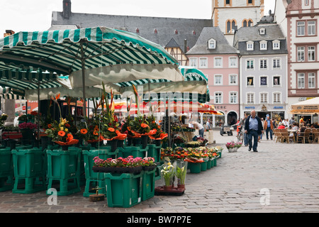 Hauptmarkt (Mercato), Trier, Renania-Palatinato, Germania, Europa. Strada del mercato flower stallo nella storica piazza principale Foto Stock